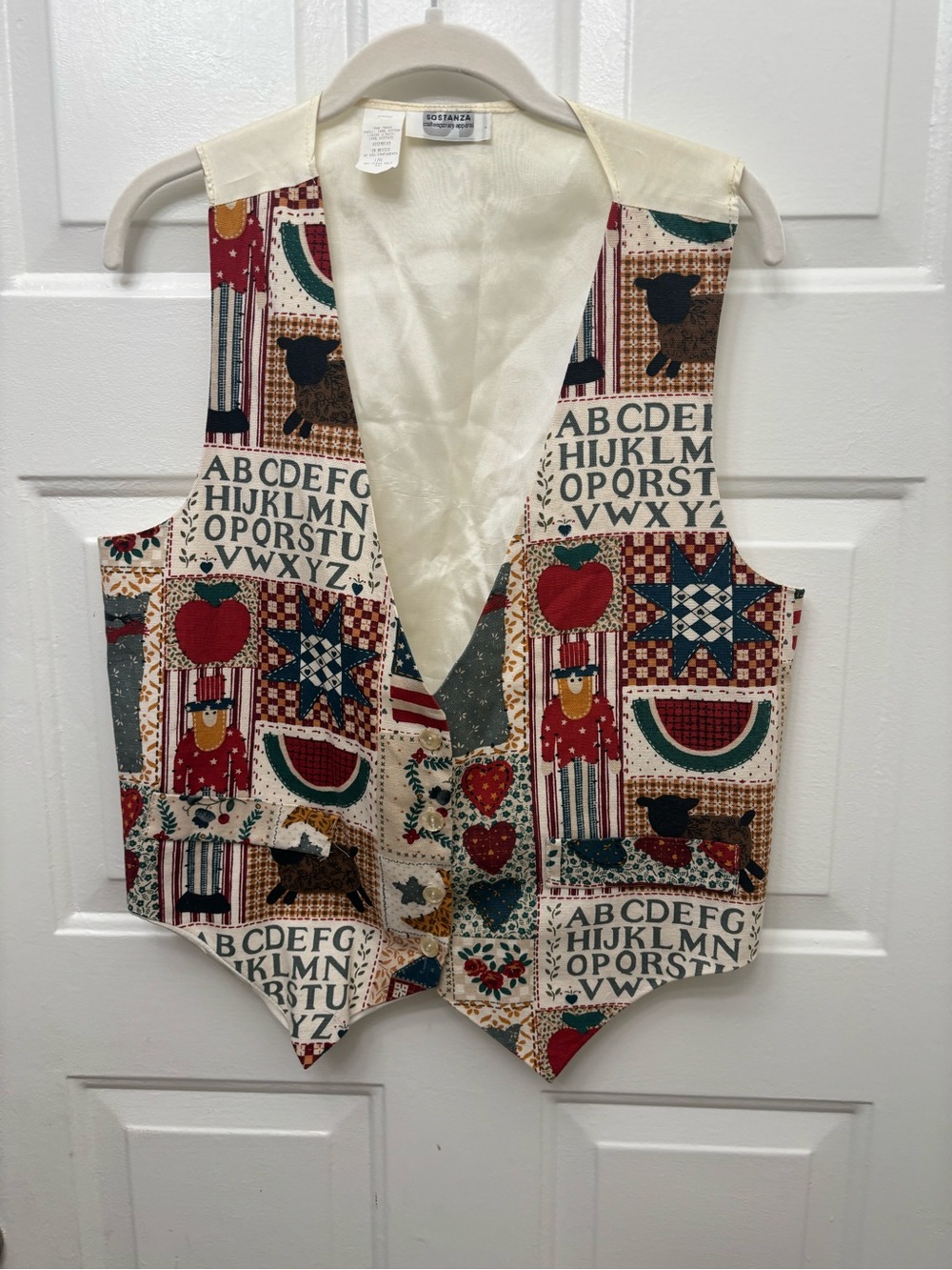 Vintage Patchwork Print Teacher Vest Cream with Red & Green Accents